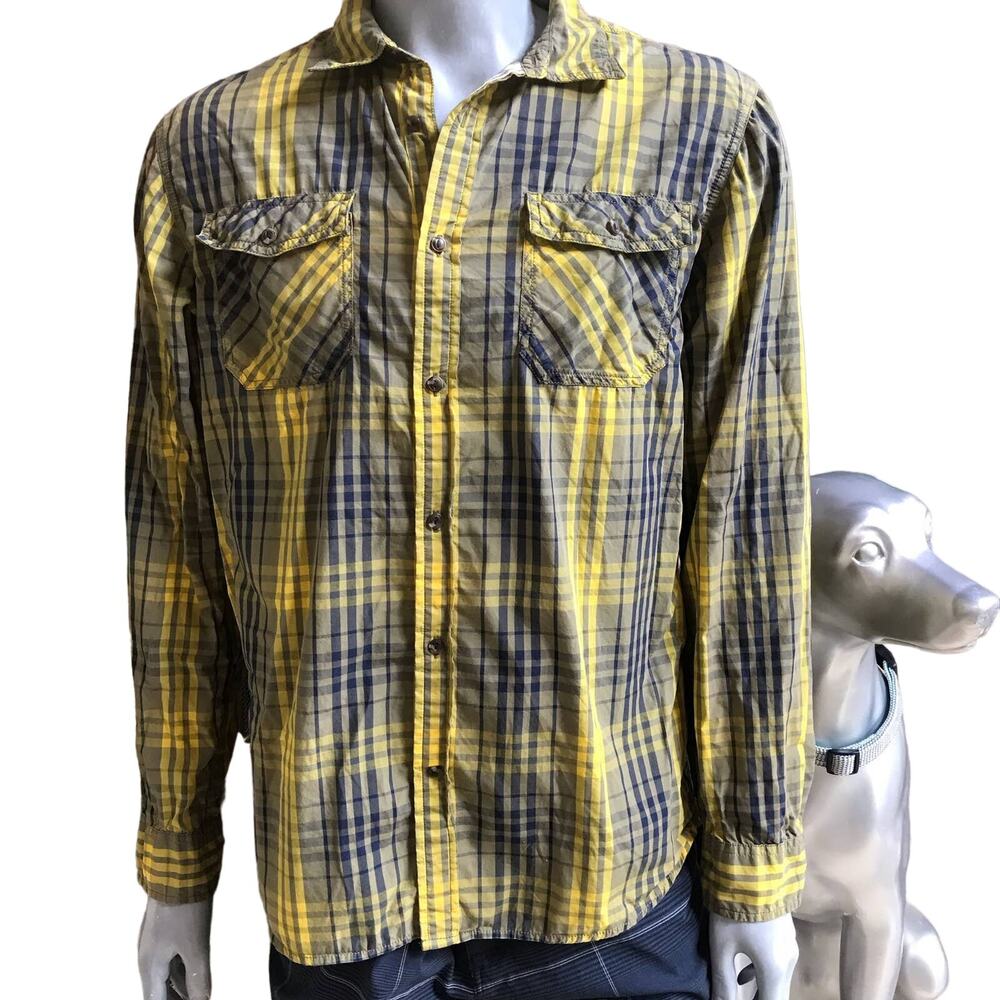 North Face Button Down Plaid Yellow Cotton Shirt Men's Size Large